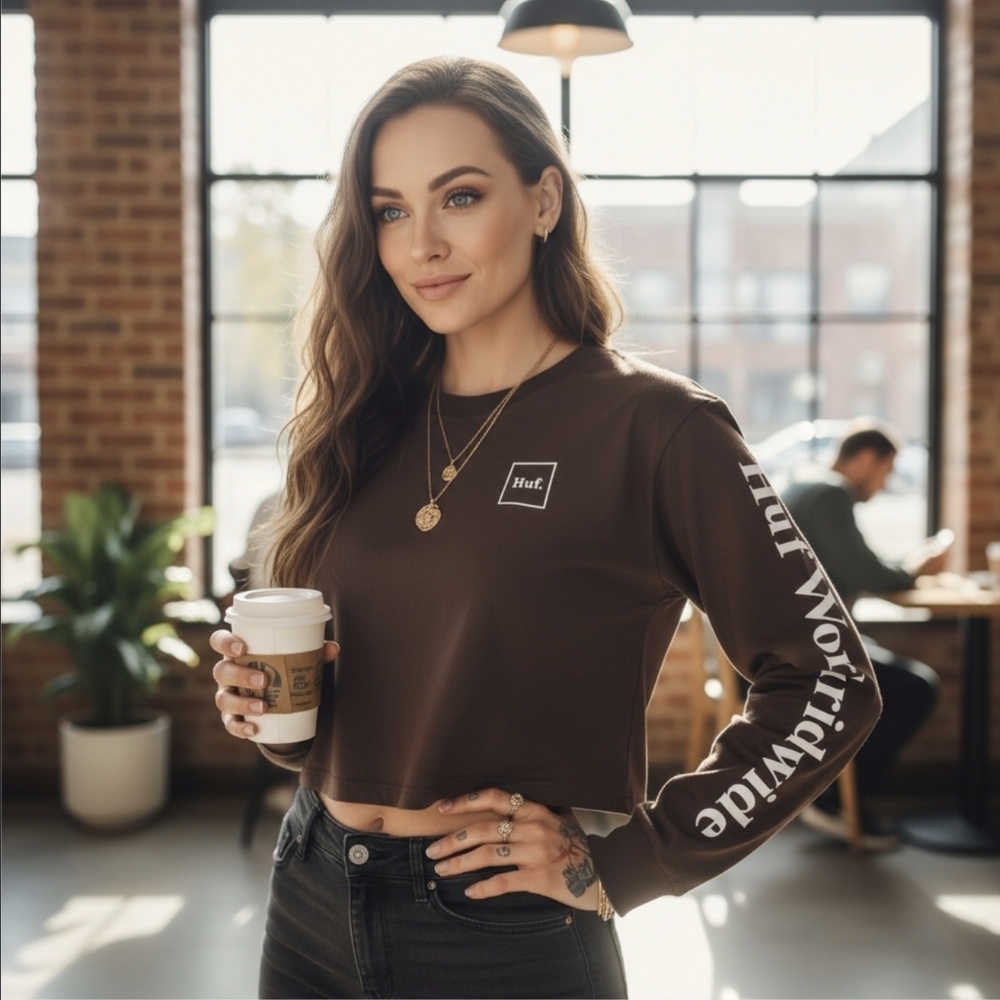 HUF Domestic Crop Tee Brown Long Sleeve 90s Streetwear Ribbed Collar XS NWT - Picture 5 of 10